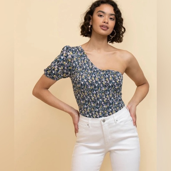 Ricki's Tops - Ricki’s One Sleeve Puffy Shoulder Smocked Blue Ditsy Floral Top